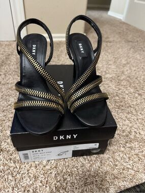DKNY Black Slingback Heels with Gold Zipper-Style Straps